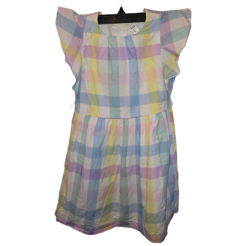 Carters Kid Girls Pastel Rainbow Gingham Flutter Sleeve Button Back Dress Size 5